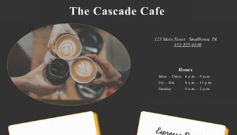 Picture of coffee shop landing page with address, opening time and menu.